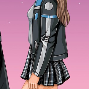 K&ouml;nnte beinhalten: Illustration einer Person, die eine schwarze Jacke mit blauen und wei&szlig;en Akzenten, ein graues Oberteil und einen karierten Rock tr&auml;gt. Die Jacke hat einen wei&szlig;en Streifen an den &Auml;rmeln und ein kreisf&ouml;rmiges Design am Oberarm. Der Rock ist schwarz-wei&szlig; kariert.