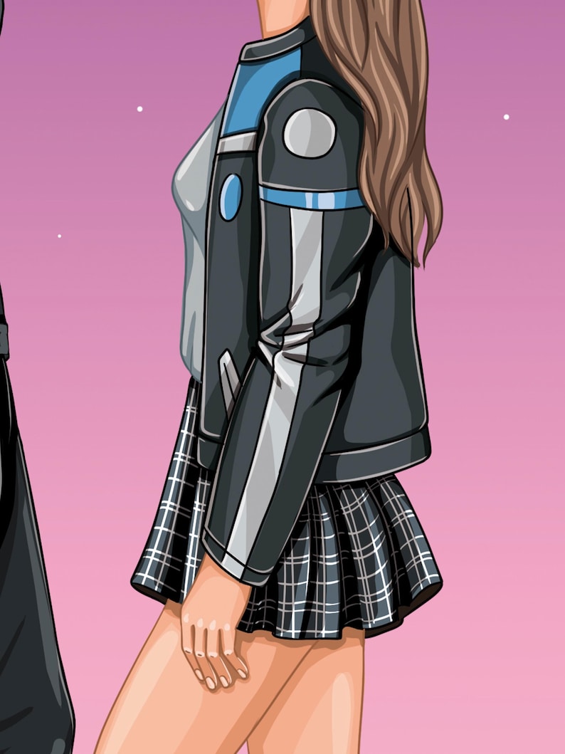 K&ouml;nnte beinhalten: Illustration einer Person, die eine schwarze Jacke mit blauen und wei&szlig;en Akzenten, ein graues Oberteil und einen karierten Rock tr&auml;gt. Die Jacke hat einen wei&szlig;en Streifen an den &Auml;rmeln und ein kreisf&ouml;rmiges Design am Oberarm. Der Rock ist schwarz-wei&szlig; kariert.