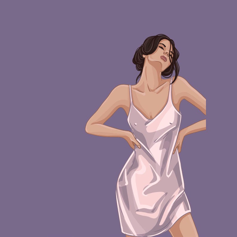 K&ouml;nnte beinhalten: Illustration einer Person in einem hellrosa Slipdress mit Spaghettitr&auml;gern. Die Person hat dunkles Haar und posiert mit den H&auml;nden auf den H&uuml;ften. Der Hintergrund ist einfarbig lila.