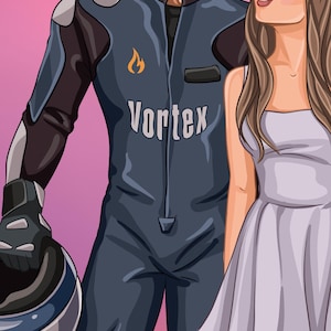 K&ouml;nnte beinhalten: Illustration einer Person in einem dunkelblauen Rennanzug mit dem Wort "Vortex" und einem Flammenlogo. Die Person h&auml;lt einen Helm. Eine Frau in einem hellvioletten Kleid steht daneben. Der Hintergrund ist rosa.