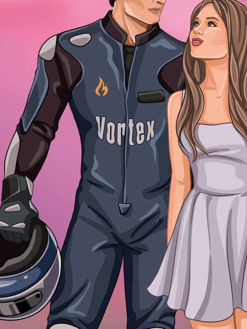 K&ouml;nnte beinhalten: Illustration einer Person in einem dunkelblauen Rennanzug mit dem Wort "Vortex" und einem Flammenlogo. Die Person h&auml;lt einen Helm. Eine Frau in einem hellvioletten Kleid steht daneben. Der Hintergrund ist rosa.