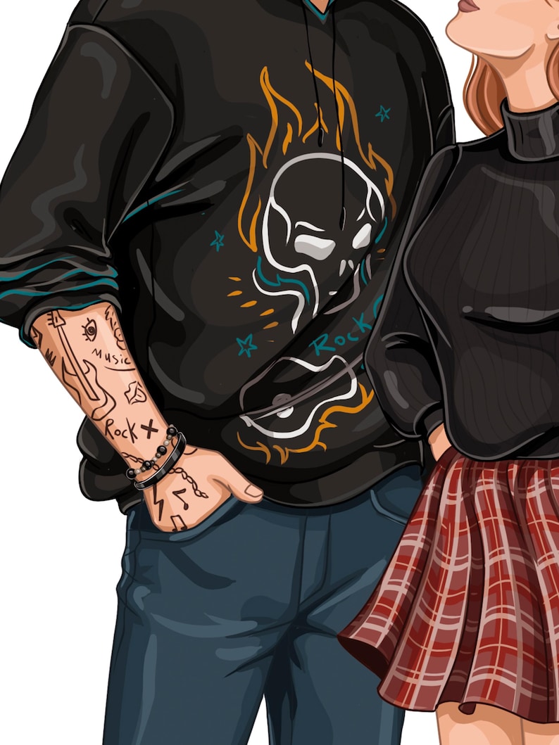 K&ouml;nnte beinhalten: Illustration einer Person mit einem schwarzen Kapuzenpullover mit Totenkopf- und Flammendesign, blauen Jeans und einem Armband. Die Person hat T&auml;towierungen auf dem Arm. Eine Person mit einem schwarzen Rollkragenpullover und einem roten karierten Rock steht daneben.
