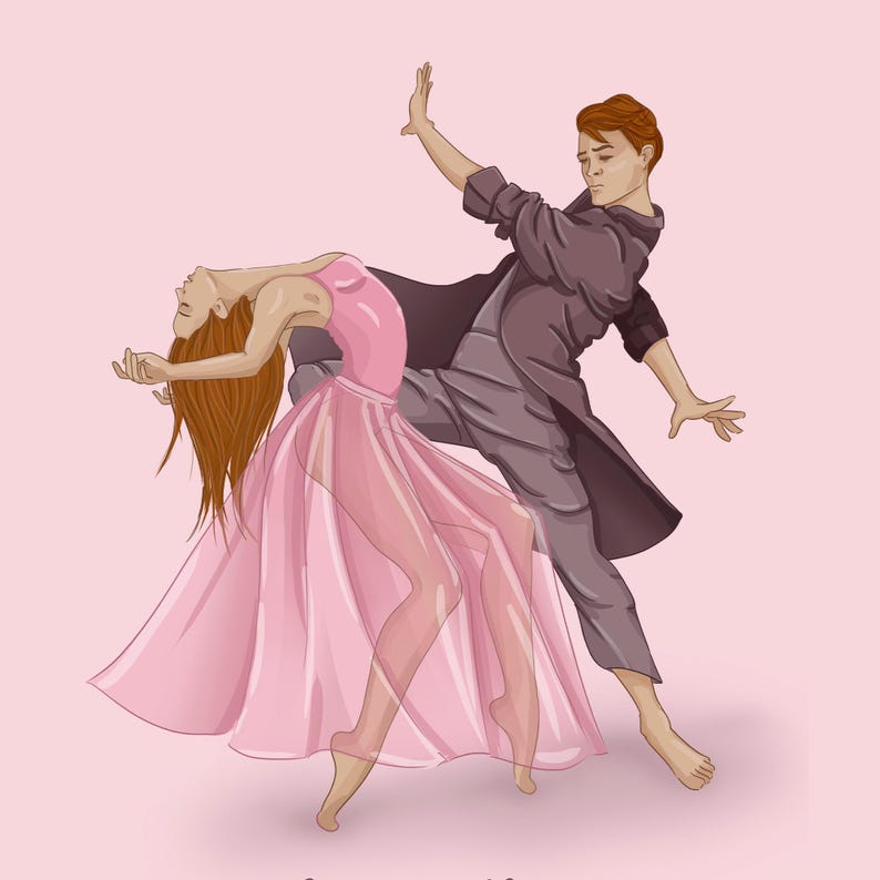 K&ouml;nnte beinhalten: Illustration eines Paares, das Ballett tanzt. Die Frau tr&auml;gt ein rosa Kleid und der Mann einen grauen Anzug. Der Hintergrund ist einfarbig hellrosa.