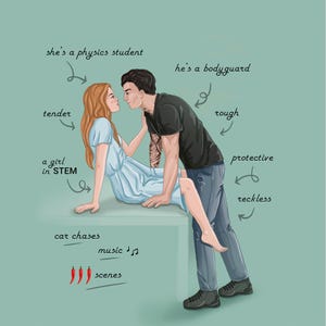 K&ouml;nnte beinhalten: Digitale Illustration eines Paares in einer romantischen Pose. Die Frau tr&auml;gt ein hellblaues Kleid, der Mann ein schwarzes T-Shirt und Jeans. Text enth&auml;lt "she's a physics student", "he's a bodyguard" und "a girl in STEM".