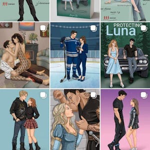 K&ouml;nnte beinhalten: Eine Sammlung digitaler Illustrationen mit Paaren in romantischen Umgebungen. Die Bilder umfassen Buchcover und verschiedene Szenen mit Paaren, die Themen wie Romantik und Fantasie zeigen. Der Kunststil ist illustrativ.