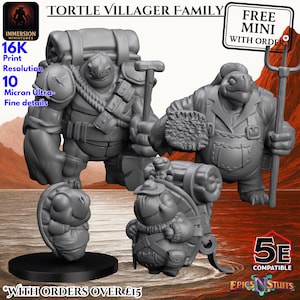 Cute Tortle Family Village NPC Miniature - Fantasy Tabletop RPG - D&D Pathfinder - 28mm 32mm - Farmer Child + Baby - Dungeons and Dragons