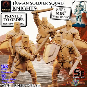 Miniature Human Soldier Squad - 5 Knights - Dungeons and Dragons - 28mm 32mm scale - Fantasy Tabletop RPG - D&D Pathfinder