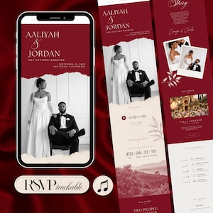 May include: A digital wedding invitation template featuring a deep red color scheme, displaying a smartphone screen with a black and white photo of a couple, text reading Aaliyah & Jordan, and a trackable RSVP button with a music note icon.