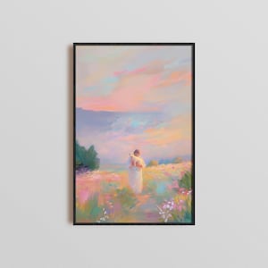 Jesus and Lamb, Leave the 99 Art, Christian Poster, Digital Print Modern Biblical Wall Art, Neutral Jesus Print, Pastel Watercolor