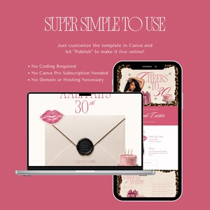 Puede incluir: Un ordenador port&aacute;til y un smartphone muestran una plantilla de invitaci&oacute;n digital con detalles en rosa y dorado. La pantalla muestra texto que incluye SUPER SIMPLE TO USE, No Coding Required, No Canva Pro Subscription Needed, No Domain or Hosting Necessary.