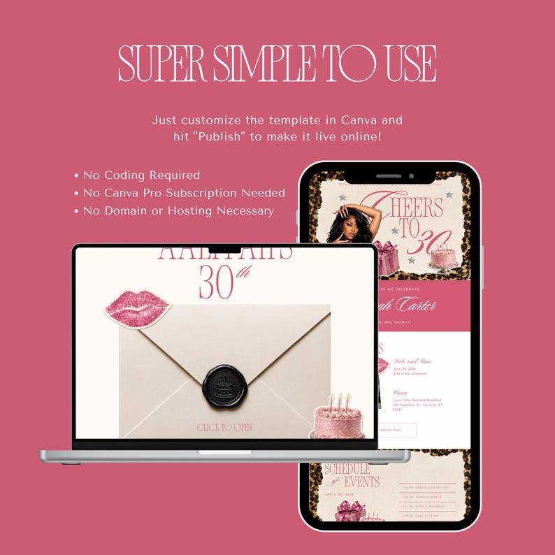 Puede incluir: Un ordenador port&aacute;til y un smartphone muestran una plantilla de invitaci&oacute;n digital con detalles en rosa y dorado. La pantalla muestra texto que incluye SUPER SIMPLE TO USE, No Coding Required, No Canva Pro Subscription Needed, No Domain or Hosting Necessary.