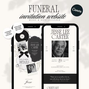 Peut inclure: Deux smartphones affichent un modèle de site web d'invitation à des funérailles. Le design présente du texte noir et blanc, un portrait de Jesse Lee Carter, un disque vinyle et des photos style polaroïd. Le texte inclut "FUNERAL invitation website" et "ORBITUARY".