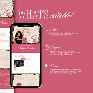 Puede incluir: Una plantilla de invitaci&oacute;n digital en la pantalla de un tel&eacute;fono inteligente con fondo rosa, bordes de estampado de leopardo, el texto Cheers to 30, un pastel de cumplea&ntilde;os, un regalo, una foto de una persona e iconos de texto e imagen.