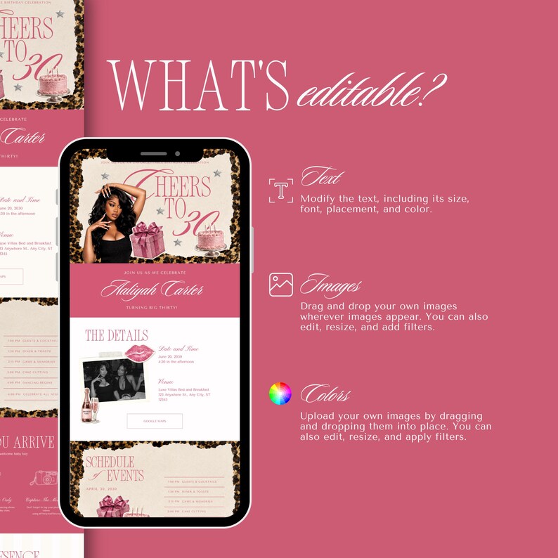 Puede incluir: Una plantilla de invitaci&oacute;n digital en la pantalla de un tel&eacute;fono inteligente con fondo rosa, bordes de estampado de leopardo, el texto Cheers to 30, un pastel de cumplea&ntilde;os, un regalo, una foto de una persona e iconos de texto e imagen.