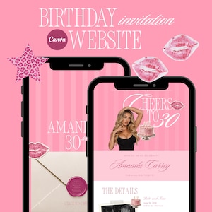 Puede incluir: Una plantilla de sitio web de invitación de cumpleaños mostrada en dos teléfonos inteligentes con un fondo de rayas rosas. El diseño presenta el texto "BIRTHDAY invitation WEBSITE", "CHEERS TO 30", "Amanda Carrey" y "THE DETAILS". Incluye gráficos de labios rosas, una estrella y un pastel.