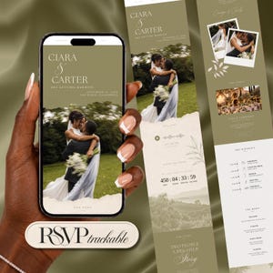 May include: A smartphone screen displays a digital wedding invitation with an olive green background, featuring a photo of a couple, the text Ciara & Carter are getting married, a countdown timer, and a trackable RSVP button.