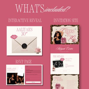 Puede incluir: Un conjunto de invitaci&oacute;n digital que incluye una revelaci&oacute;n interactiva con un sobre rosa, un sitio de invitaci&oacute;n con el texto Cheers to 30 y Aaliyah Carter, y una p&aacute;gina de RSVP. El dise&ntilde;o utiliza una paleta de colores rosa con gr&aacute;ficos de labios, regalos y pasteles.