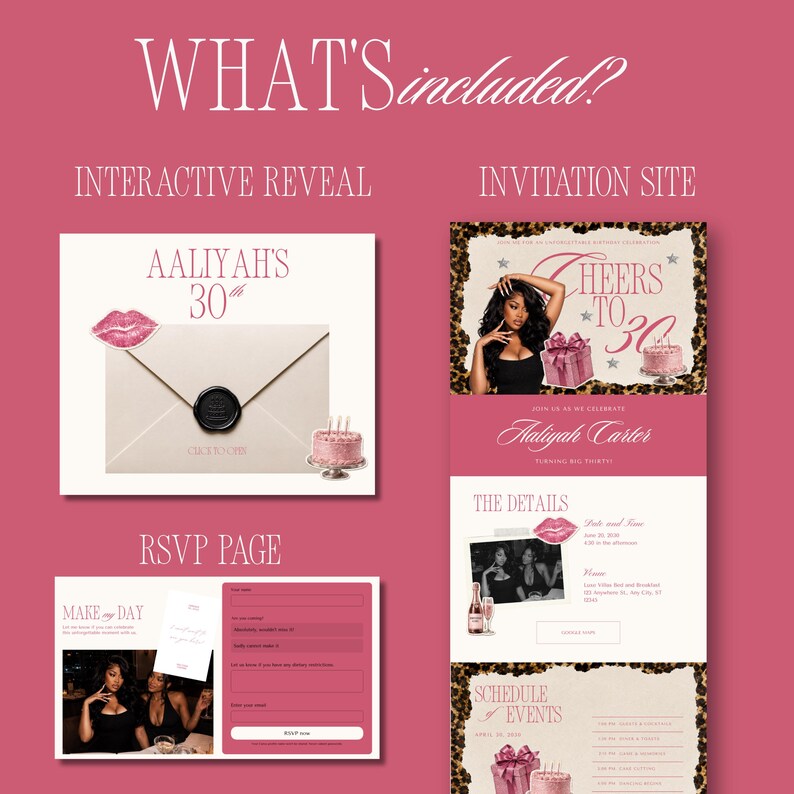 Puede incluir: Un conjunto de invitaci&oacute;n digital que incluye una revelaci&oacute;n interactiva con un sobre rosa, un sitio de invitaci&oacute;n con el texto Cheers to 30 y Aaliyah Carter, y una p&aacute;gina de RSVP. El dise&ntilde;o utiliza una paleta de colores rosa con gr&aacute;ficos de labios, regalos y pasteles.