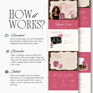 Puede incluir: Una gu&iacute;a de plantilla digital titulada HOW IT WORKS con tres pasos: Download, Personalize y Publish. El lado derecho muestra un dise&ntilde;o de invitaci&oacute;n de cumplea&ntilde;os rosa y estampado de leopardo con el texto Cheers to 30, Aaliyah Carter y Schedule of Events.