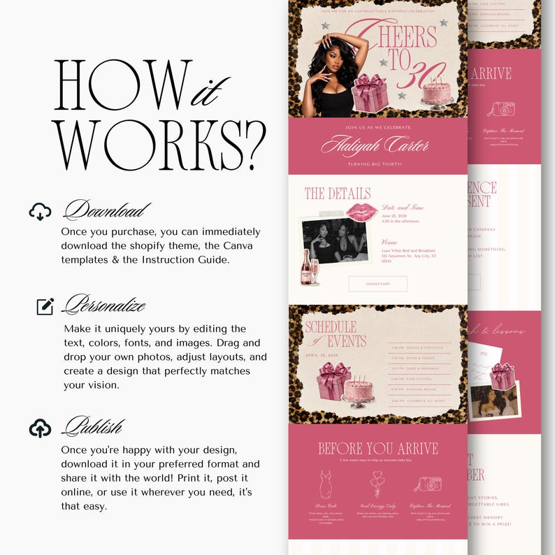 Puede incluir: Una gu&iacute;a de plantilla digital titulada HOW IT WORKS con tres pasos: Download, Personalize y Publish. El lado derecho muestra un dise&ntilde;o de invitaci&oacute;n de cumplea&ntilde;os rosa y estampado de leopardo con el texto Cheers to 30, Aaliyah Carter y Schedule of Events.