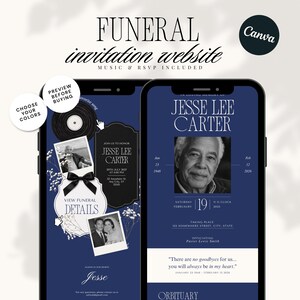 May include: Two smartphone screens displaying a digital funeral invitation website template with a deep blue background. The design features white serif typography, black and white portrait photos, a vinyl record graphic, and floral accents.