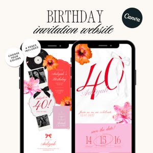 Puede incluir: Dos teléfonos inteligentes que muestran una plantilla de sitio web de invitación de cumpleaños. Las pantallas presentan gráficos florales, un disco de vinilo, fotos estilo polaroid y texto que incluye "Birthday invitation website", "40", "Aaliyah".