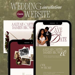 May include: A digital wedding invitation website template featuring a mobile phone display with a Save Our Date page. The design includes maroon and olive green color blocks, elegant serif typography, and a photograph of a couple in formal attire.