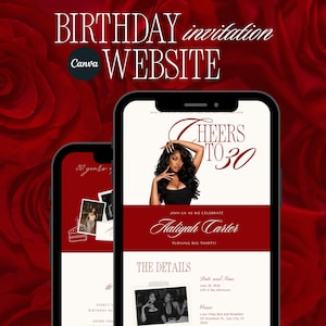 Puede incluir: Una plantilla de sitio web de invitación de cumpleaños mostrada en dos teléfonos inteligentes. El diseño presenta un esquema de color rojo y blanco con el texto Cheers to 30, Aaliyah Carter y The Details, incluyendo marcadores de posición para fotos.