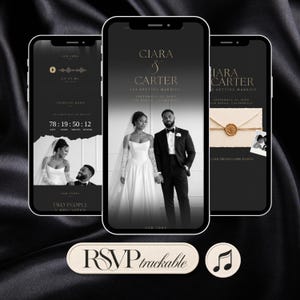 May include: Three smartphones display a digital wedding invitation website with black and gold themes. The screens show a couple, a countdown timer, and an envelope with a wax seal. Below are two buttons labeled RSVP trackable and a music note icon.
