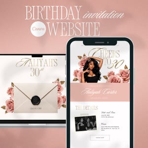 Puede incluir: Una plantilla de sitio web de invitación de cumpleaños en una pantalla de portátil y smartphone. El diseño presenta flores rosa empolvado, texto dorado que dice Cheers to 30, Aliyah's 30th, Aaliyah Carter y un sobre crema con sello de cera negro.