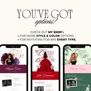 Puede incluir: Un gr&aacute;fico de marketing digital con tres pantallas de tel&eacute;fono inteligente que muestran plantillas de invitaci&oacute;n. El texto dice YOU'VE GOT options! CHECK OUT MY SHOP: FOR MORE STYLE & COLOR OPTIONS. FOR INVITATINS FOR ANY EVENT TYPE. Las plantillas muestran detalles.