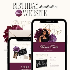 Puede incluir: Una plantilla de sitio web de invitación de cumpleaños mostrada en dos teléfonos inteligentes, con fondo crema, detalles florales en color burdeos oscuro y texto dorado. El diseño incluye una foto de una persona, el texto Cheers to 30, Aaliyah Carter y detalles.