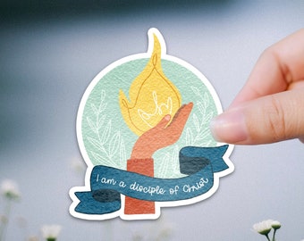 2024 Youth Theme I am a Disciple of Jesus Christ Sticker with Banner & Hand holding flame, LDS Stickers for Young Women, YW Gifts Girls Camp