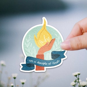 Pegatina "Soy discípulo de Jesucristo" con pancarta y mano que sostiene una llama, pegatinas SUD para mujeres jóvenes, regalos para campamento de niñas de las mujeres jóvenes.