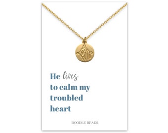 Small Round Gold Christus Necklace Pendant, He Lives to Calm my Troubled Heart, Savior Redeemer Necklace, Christ Jewelry, LDS Christian Gift