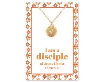 I am a Disciple of Jesus Christ, 2024 LDS Youth Theme Necklace, Hand Holding Glowing Flame Logo Pendant, Jewelry Gifts for YW & Missionaries