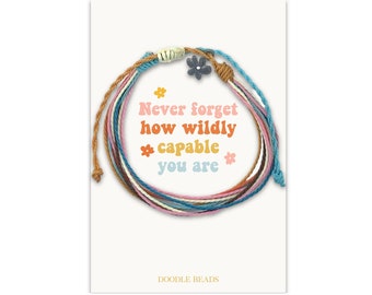 Never Forget Wildly Capable Flower Charm Thread Bracelet, Trendy Teen Girl Gift, Confidence Builder, Positive Affirmation Jewelry for Her