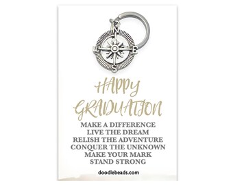 Happy Graduation Card, kompas sleutelhanger afstudeercadeau, kompas portemonnee trekkoord, Journey Travelers-bedel op splitring, afstudeercadeau voor hem