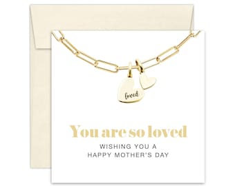 Happy Mother's Day Paperclip Heart Charm Bracelet & Greeting Card Gift Set, You are so Loved, Jewelry Gift for Mom, for Women on Mothers Day