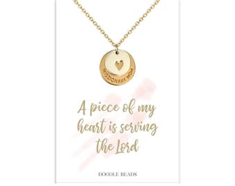 Missionary Mom Necklace, Missionary Mom Jewelry & card, A piece of my heart is serving the Lord, missionary mom stamped disk cut out heart