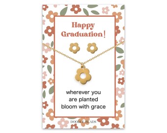 Bloom with Grace Graduation Flower Jewelry Gift Set with Necklace & Earrings, Tiny 5 Petal Daisy Earring Studs, Matching Pendant,