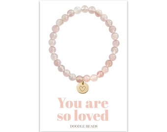 Rose Quartz Beaded Stretch Bracelet with Heart Charm and card You are so Loved, Meaningful Mother's Day Gift for Mom Daughter, Wife, Grandma