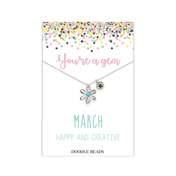 Little Girls Birthstone Necklace March Girls Birthday Gift, Personalized Initial Necklace with Flower Birthstone and You're a Gem card