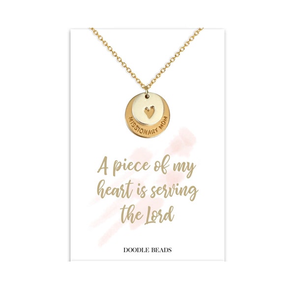 Missionary Mom Necklace, Missionary Mom Jewelry & card, A piece of my heart is serving the Lord, missionary mom stamped disk cut out heart