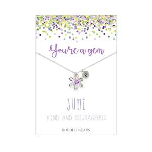 Colgante de margarita con piedra natal de junio para niña, dije inicial personalizado, collar con flor de nacimiento de amatista, collar personalizado para niños, regalo de cumpleaños