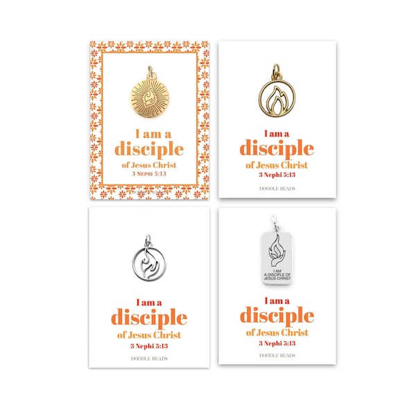 Je suis un disciple de Jésus-Christ, breloques thème jeunesse LDS 2024, breloque pendentif logo flamme feu main, breloque Viens me suivre FSY, bijoux cadeaux YW