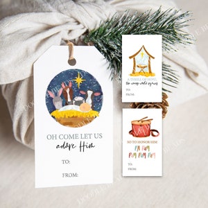 Set aus 3 druckbaren, niedlichen Weihnachtsgeschenkanhängern, religiöses Thema, Aquarell Baby Jesus, stabile Krippenszene, kleiner Trommlerjunge Geschenkanhänger für Tasche