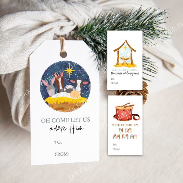 Set of 3 Printable Cute Christmas Gift Tags, Religious Theme, Watercolor Baby Jesus Stable Manger Scene, Little Drummer Boy Gift Tag for Bag