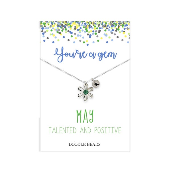 May Flower Birthstone Initial Necklace for Girl, Personalized Gift for Kids, Custom Birthday Jewelry, Daisy Pendant with Emerald CZ Gemstone
