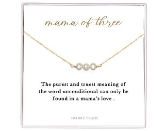 Mama of Three, Mom of 3 Necklace Card Gifts, Mother of Triplets, Three Pearl Necklace Pendant Jewelry, Mama Mom Gifts Mother's Day, Birthday